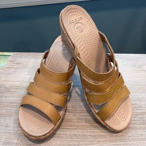 Crocs Women's “A Leigh” Camel Colored Slip On Strappy Cork Wedge Sandals Sz. 10W